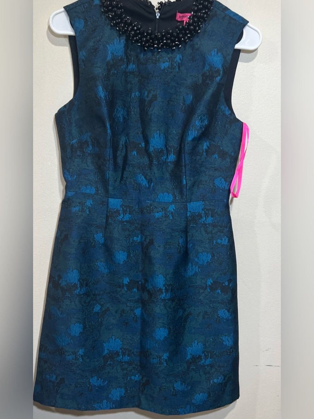 Betsey Johnson Blue Metallic Dress with Black Beaded Neckline size 4